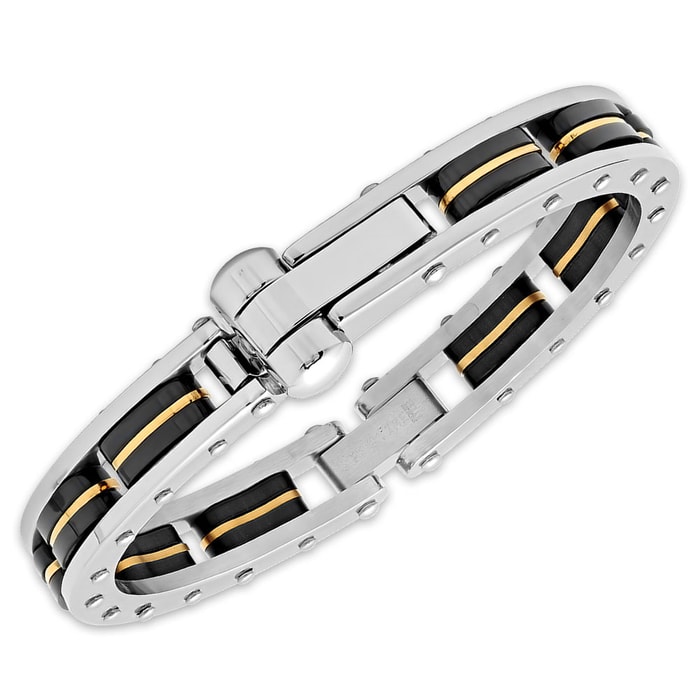 Men's Two-Tone Stainless Steel Bracelet with Black Rubber Links, Riveted Frame