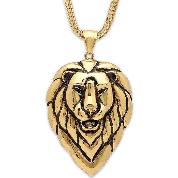 Gold Lion's Head Pendant on Chain 18k Gold-Plated Stainless Steel Necklace