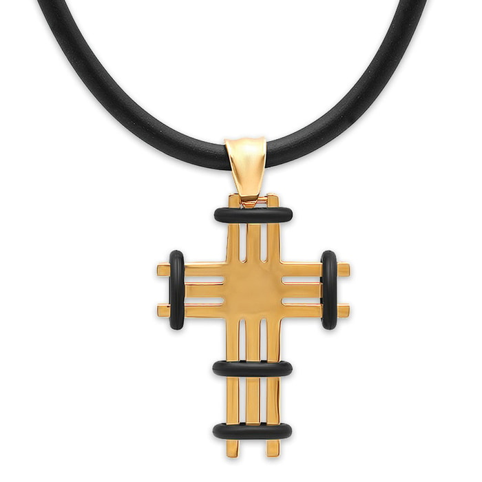 18k Gold-Plated Cross with Black Accents on Black Rubber Necklace