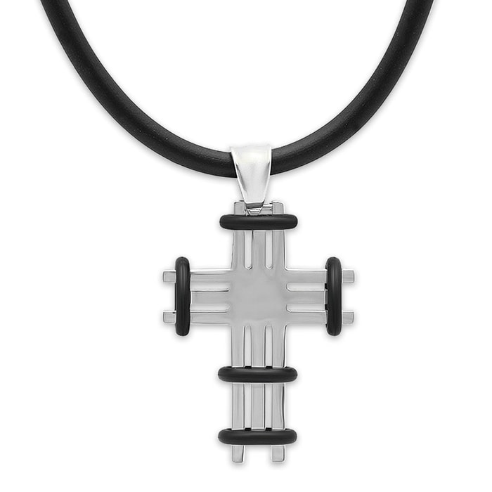 Stainless Steel Cross Pendant with Black Accents on Black Rubber Necklace