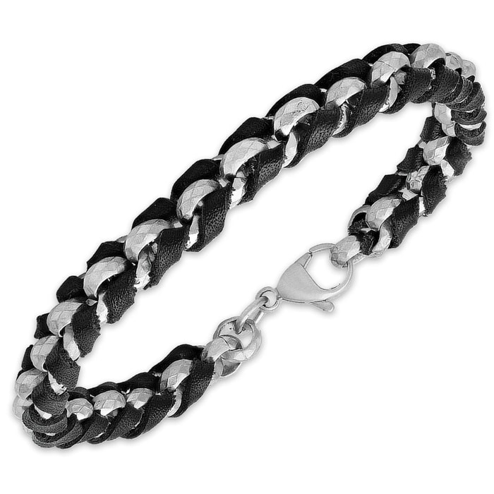 Men's Braided Black Genuine Leather Bracelet with Stainless Steel Link Accents