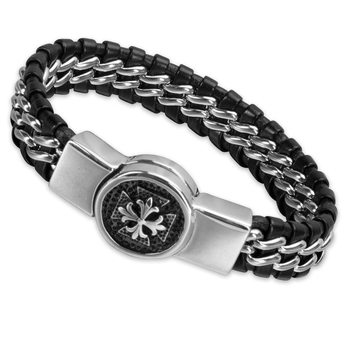 Men's Braided Black Genuine Leather Bracelet with Stainless Steel Masonic Accent