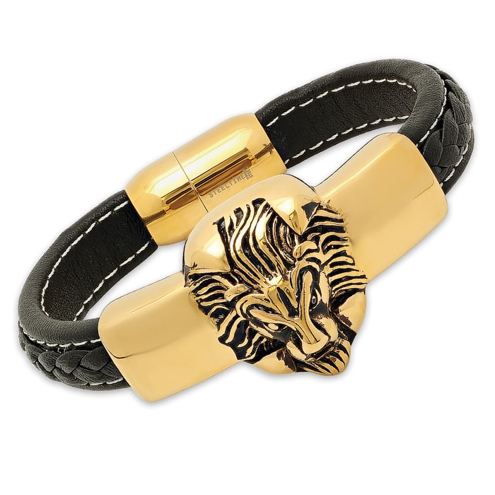 Men's 18k Gold-Plated Lion's Head Bracelet with Black Genuine Leather Band