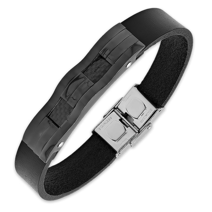 Men's Black Genuine Leather Bracelet with Black Stainless Steel Accents