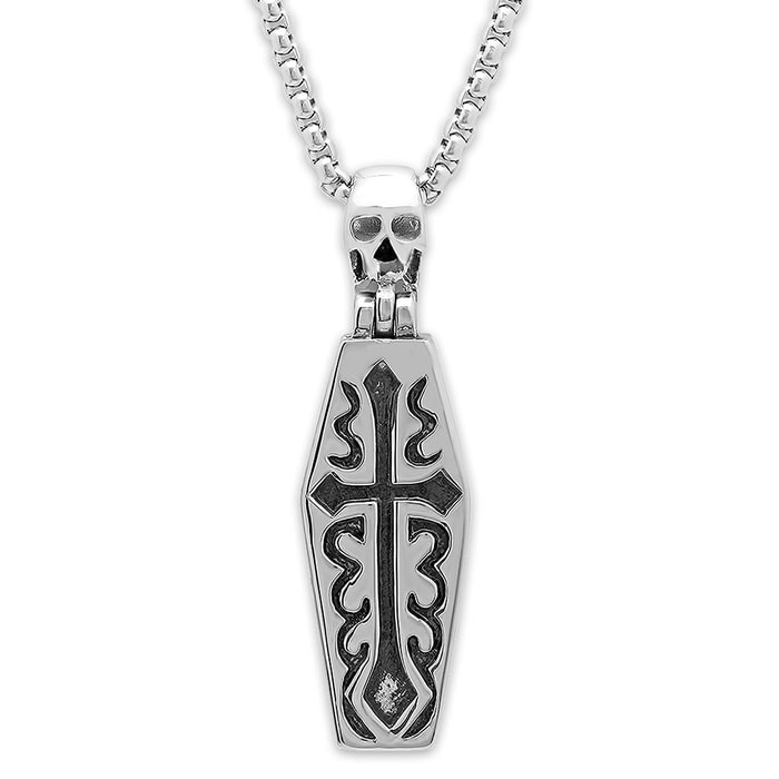 Skull and Coffin Pendant on Chain - Stainless Steel Necklace