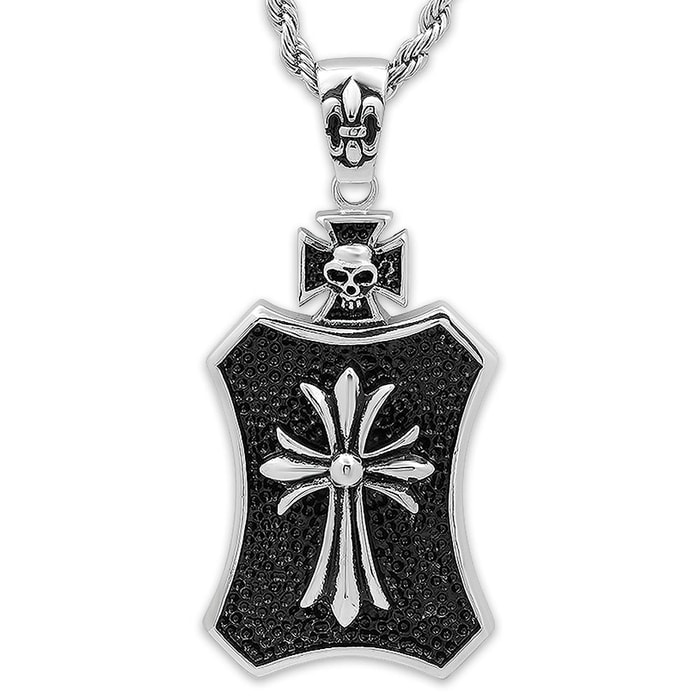 Cross on Black Pendant with Skull, Fleur De Lis Accents on Chain - Stainless Steel Necklace
