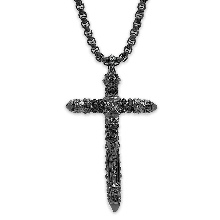 Black Stainless Steel Cross Pendant on Black Stainless Steel Chain - Men's Necklace