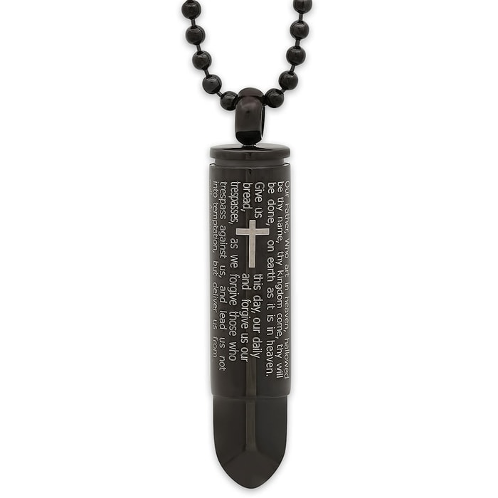 Bullet Pendant with Lord's Prayer Inscription on Ball Chain - Black Stainless Steel Necklace