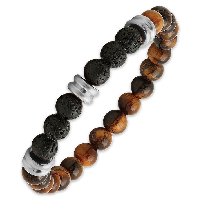 Tiger Eye and Black Lava Bead Bracelet with Stainless Steel Accents