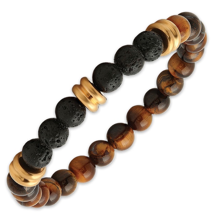Tiger Eye and Black Lava Bead Bracelet with 18k Gold-Plated Accents