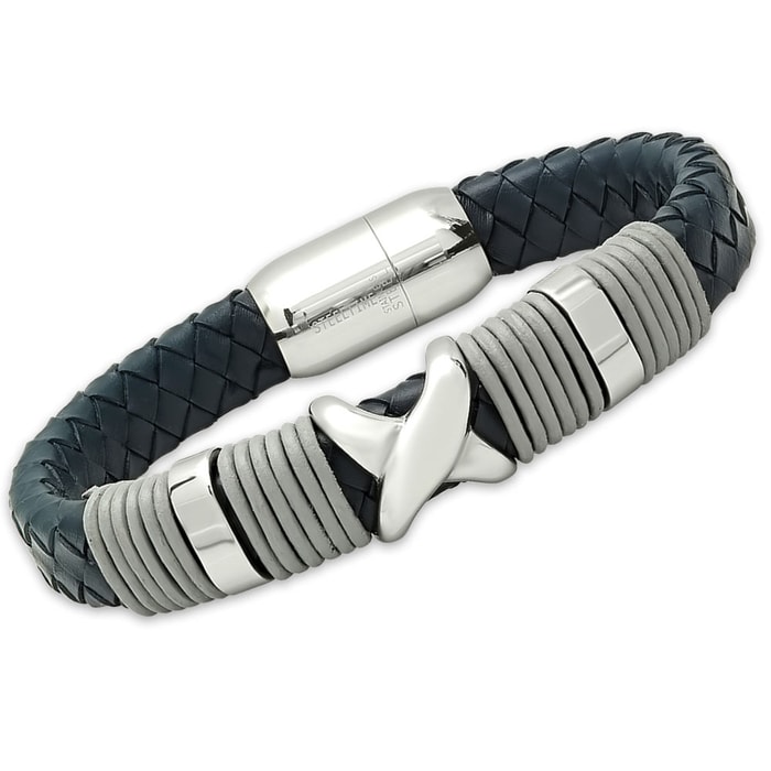 Men's Black Genuine Leather Bracelet with Stainless Steel "X" and Gray Leather Cord Accents