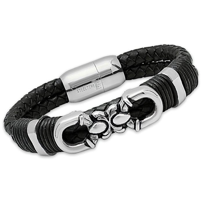 Men's Black Genuine Leather Bracelet with Stainless Steel Fleur De Lis Accent