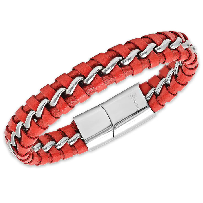 Men's Red Genuine Leather Bracelet with Stainless Steel Weave Accent