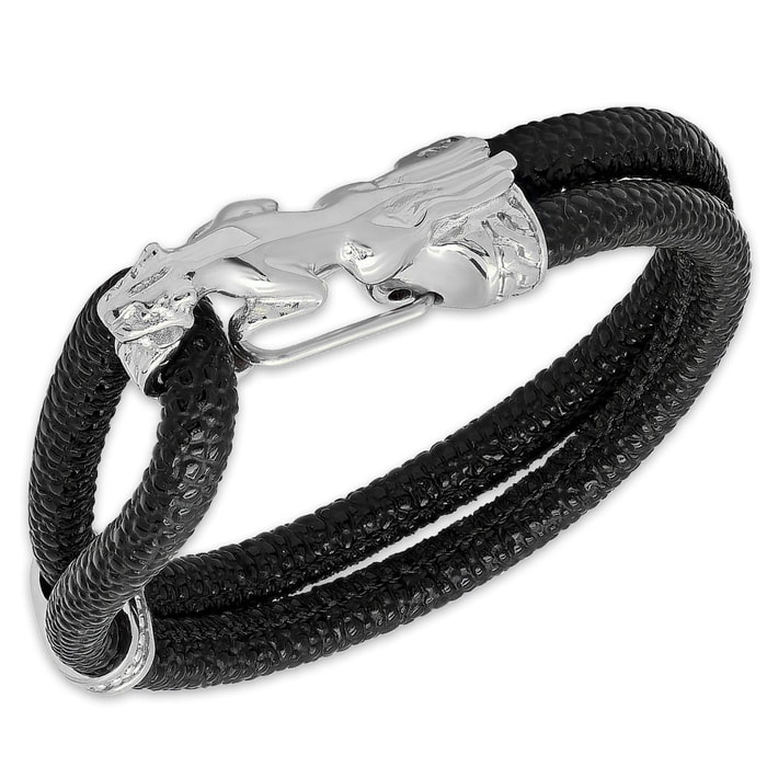 Men's Black Genuine Leather Bracelet with Stainless Steel Jaguar Clasp