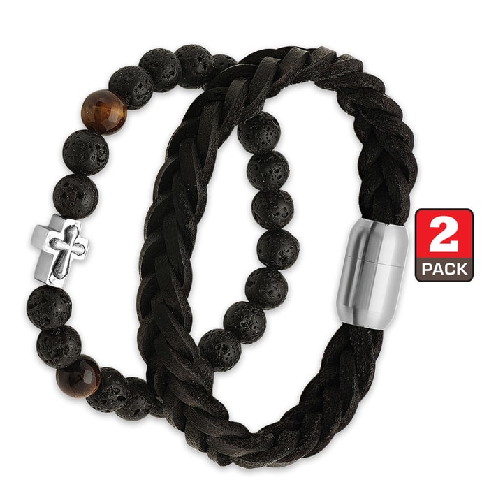 Two-Piece Bracelet Set - Black Braided Genuine Leather; Polished Lava Beads with Cross Accent