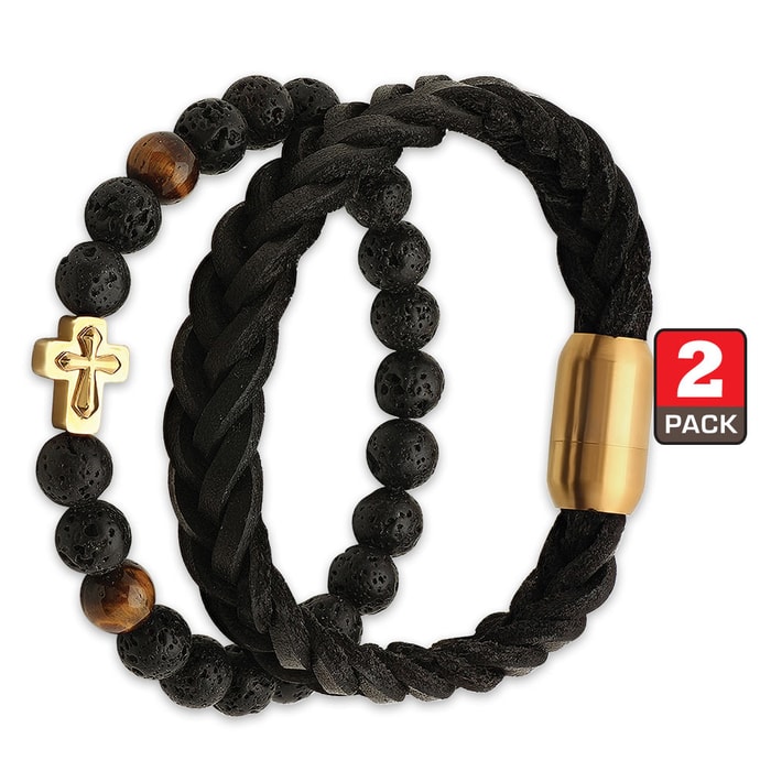 Two-Piece Bracelet Set - Black Braided Genuine Leather, Polished Lava Beads with Gold Cross Accent