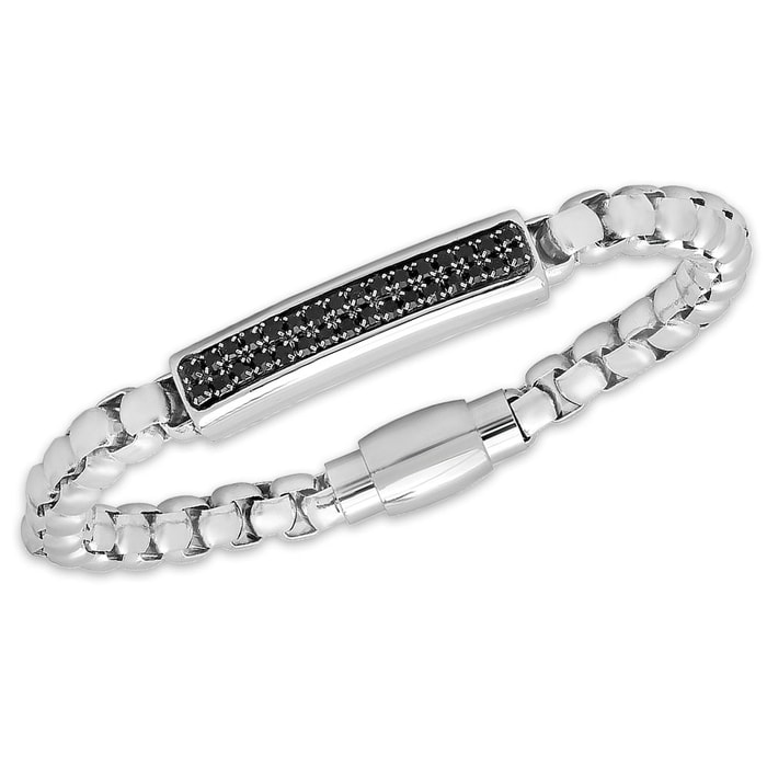 Men's Stainless Steel Chain Bracelet with Faux Black Diamond Pendant