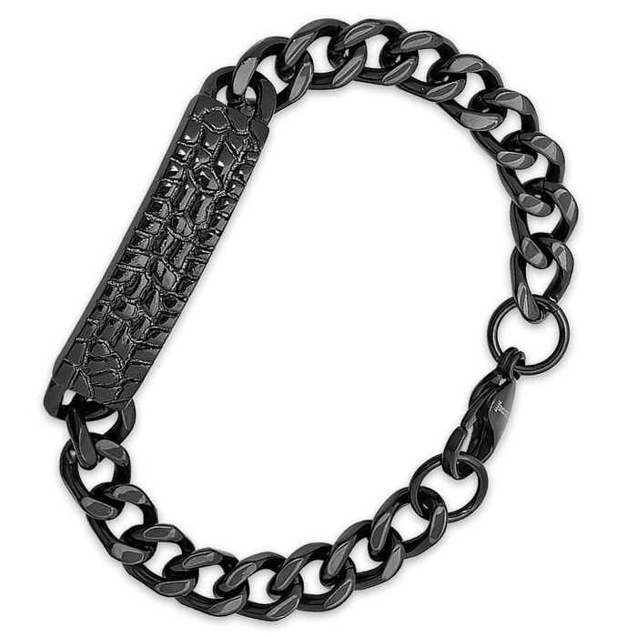 Men's Black Stainless Steel Chain Bracelet with Textured Pendant