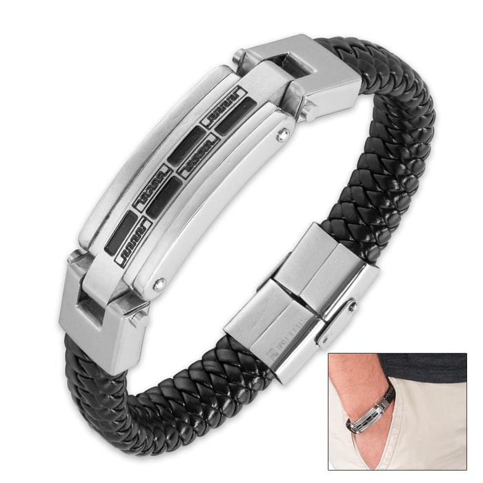 Braided Black Genuine Leather Bracelet with Greek Key / Fret Pattern Accent