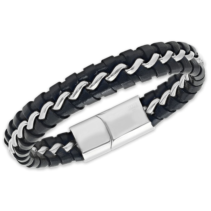 Men's Black Genuine Leather Bracelet with Stainless Steel Weaving Accent