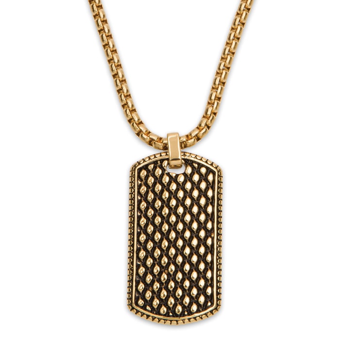 Studded Gold-Plated Dogtag Pendant on Gold-Plated Ball Chain - Stainless Steel Necklace