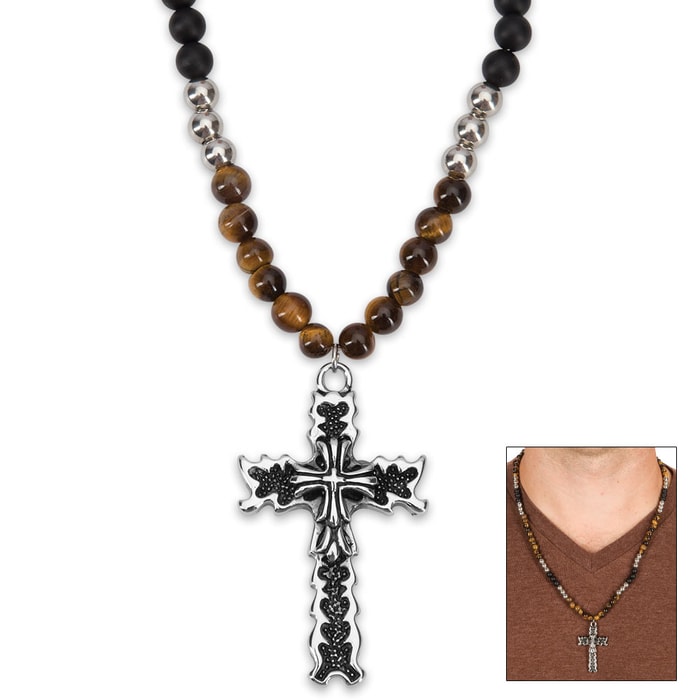 Tiger Eye and Black Lava Bead Rosary Necklace with Black- and Silver-Finished Stainless Steel Cross