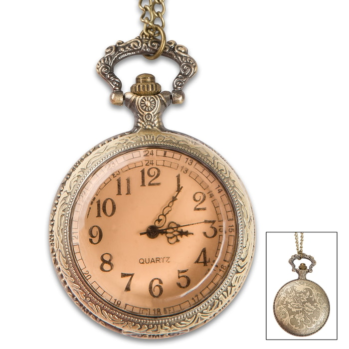 Madison Bay Western-Style Pocket Watch Necklace - 2 1/2" Timepiece Pendant on 15 1/2" Chain - Antiqued Brass / Steel, Warm Patina, Hinged Glass Cover, Easy to Read Clock Numbers - Includes Battery