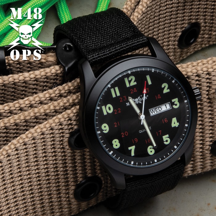 M48 Black NATO Watch - Analog, Metal Case, Canvas Band, Glow-In-The Dark Numbers And Hands, Date Window, Military Time