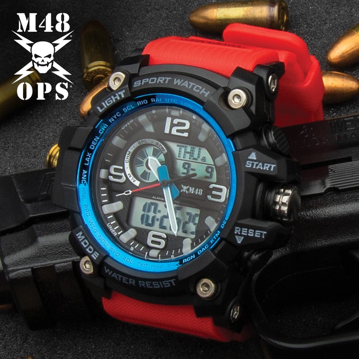 This red with blue accent, digital watch has loads of features including 12/24 hour time, auto calendar, alarms and chronograph