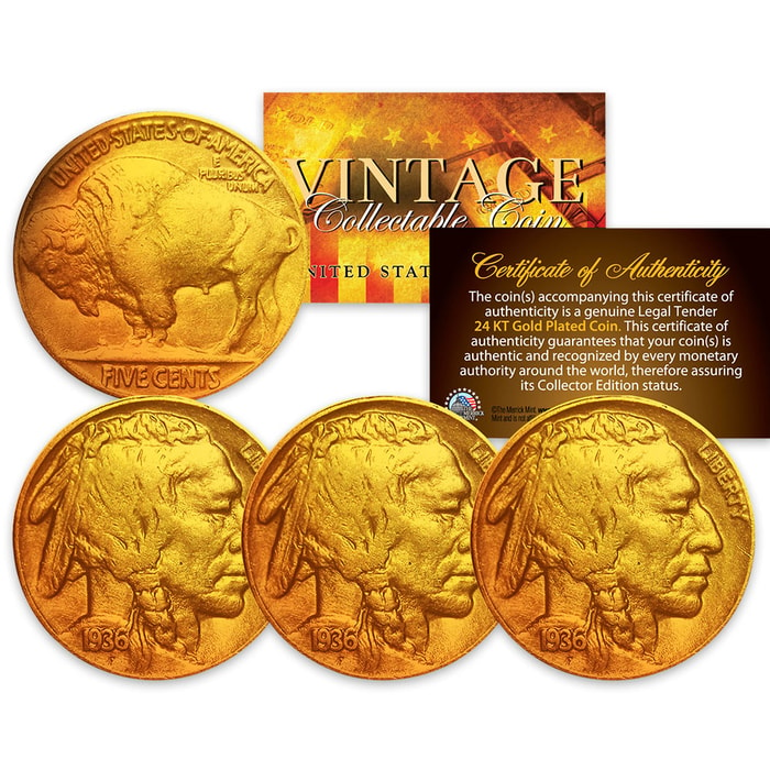 Buffalo Nickels - 24k Gold Plated - Set Of 3