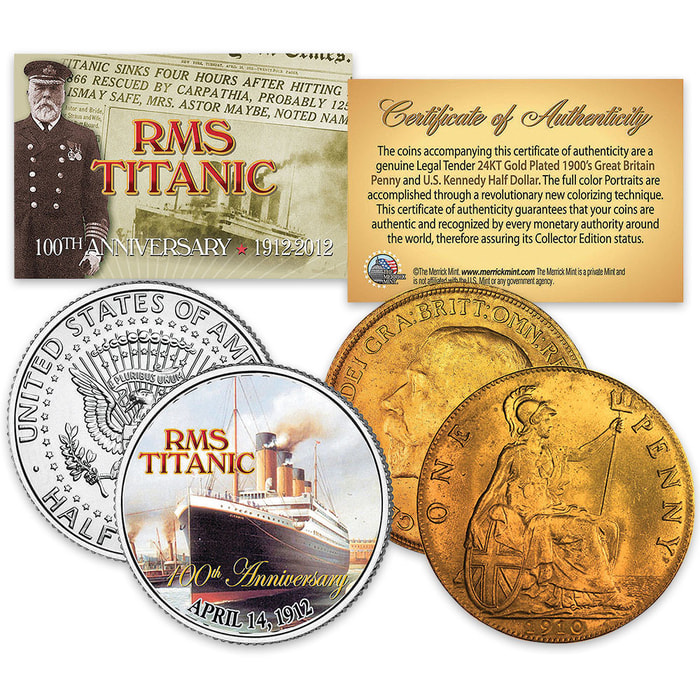 RMS Titanic 2-Coin Set - Colorized JFK Half Dollar / Gold Plated Early 1900s British Penny