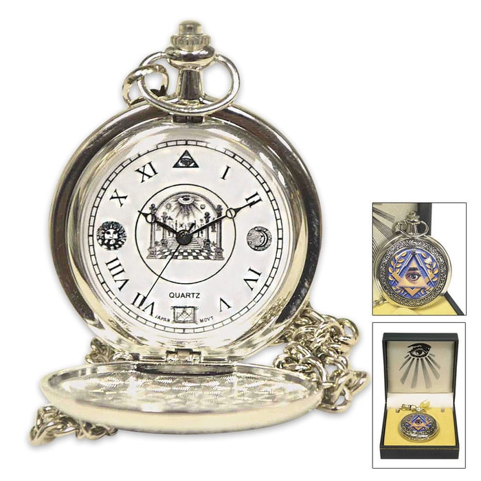 Masonic Freemason All Seeing Eye Pocket Watch With Chain