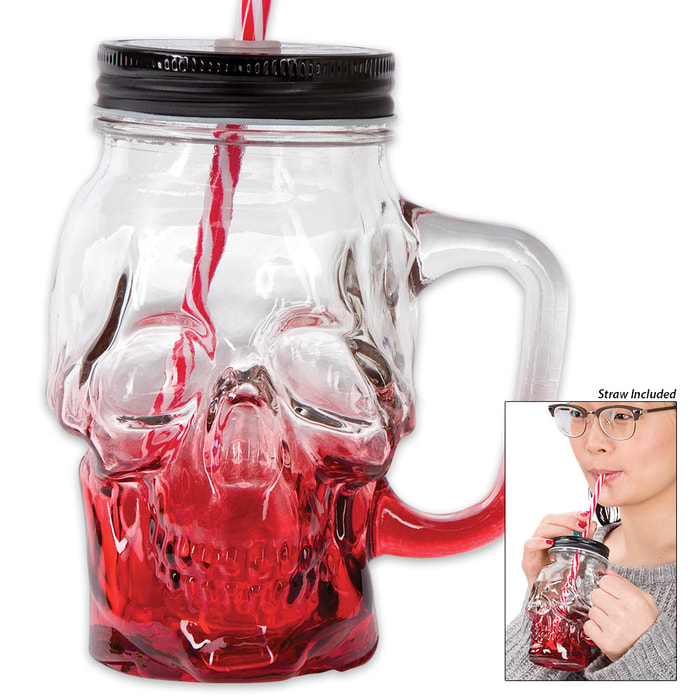 "The Crimson Cranium" Skull Mason Jar Glass with Lid and Straw