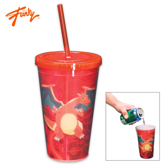 Just Funky Pokemon Charizard Lenticular 3-D 18-oz. Travel Cup with Lid and Straw