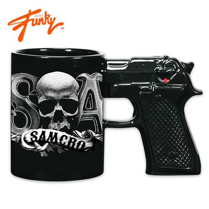 Officially Licensed Sons Of Anarchy Skull Coffee Mug WIth Replica Gun Handle - Two