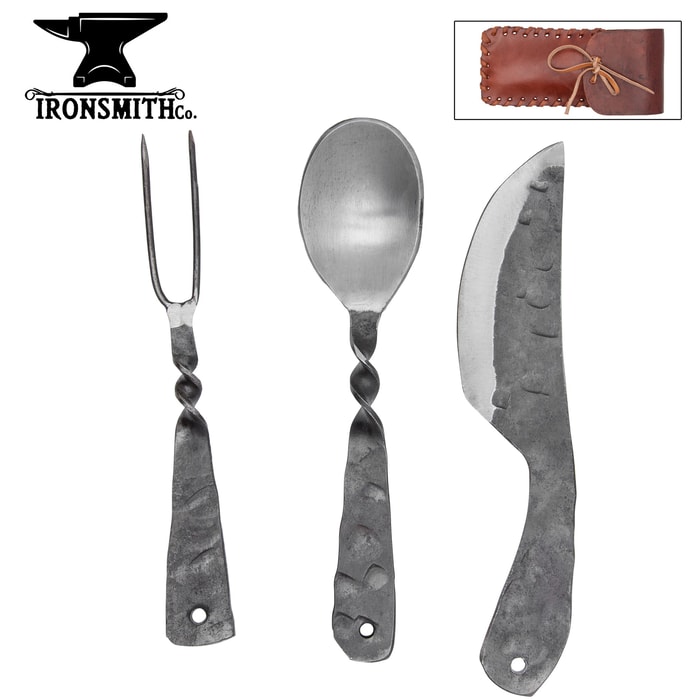 The Ironsmith Co. Medieval Eating Set is hand-forged.