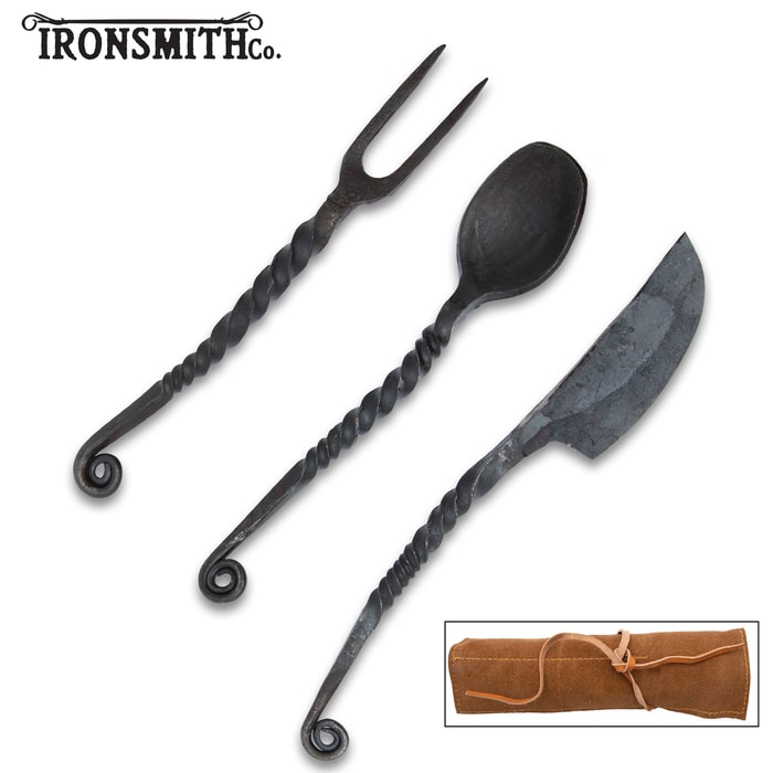All of the pieces in the Ironsmith Co. Medieval Dining Set shown in and out of its pouch