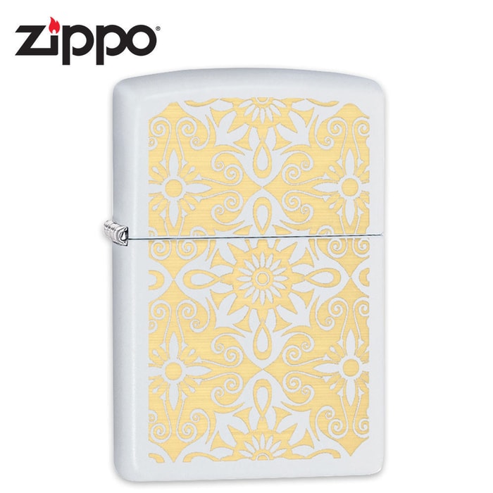 Zippo White Matte Gold Scrollwork Windproof Lighter