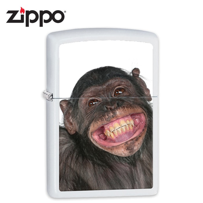 Zippo White Matte Chimpanzee Smiling Monkey Windproof Lighter