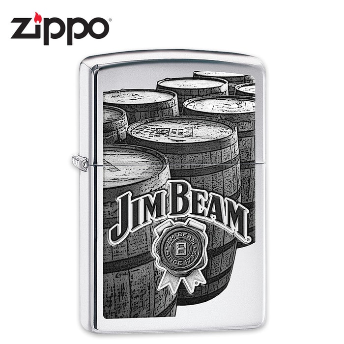 Jim Beam Zippo Lighter - Vintage-Style Bourbon Barrel Imagery - High Polish Chrome