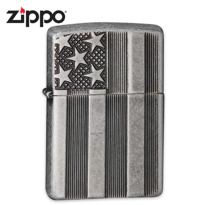 Zippo USA Flag Antique Silver