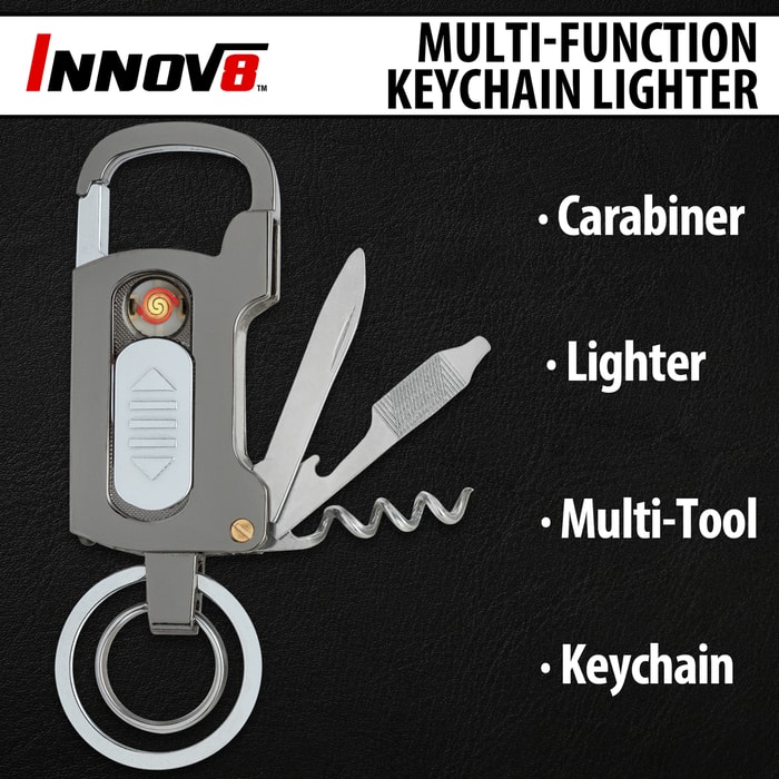 The Innov8 Multi-Function Keychain Lighter shown with its different features displayed