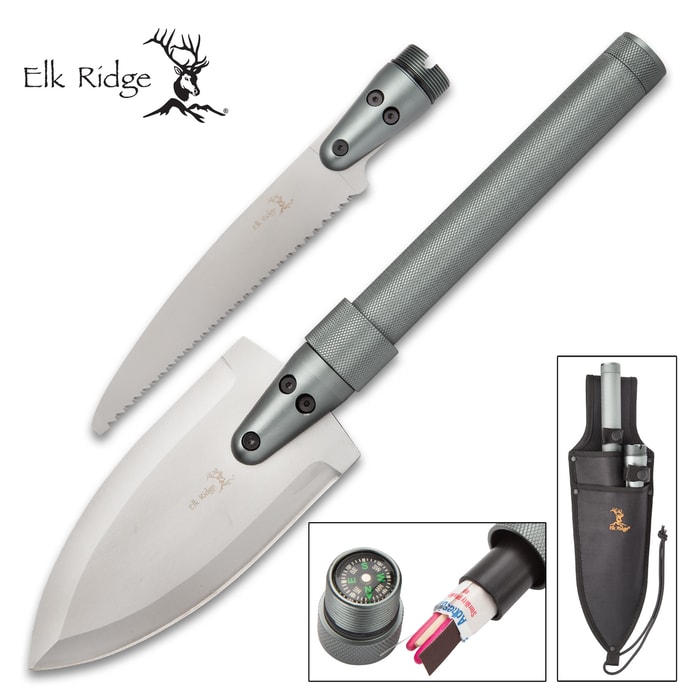 Elk Ridge Multi-Function Tool With Nylon Belt Sheath - Interchangeable Stainless Steel Spear Head And Saw Blade, Anodized Aluminum Handle - Compass And Survival Capsule