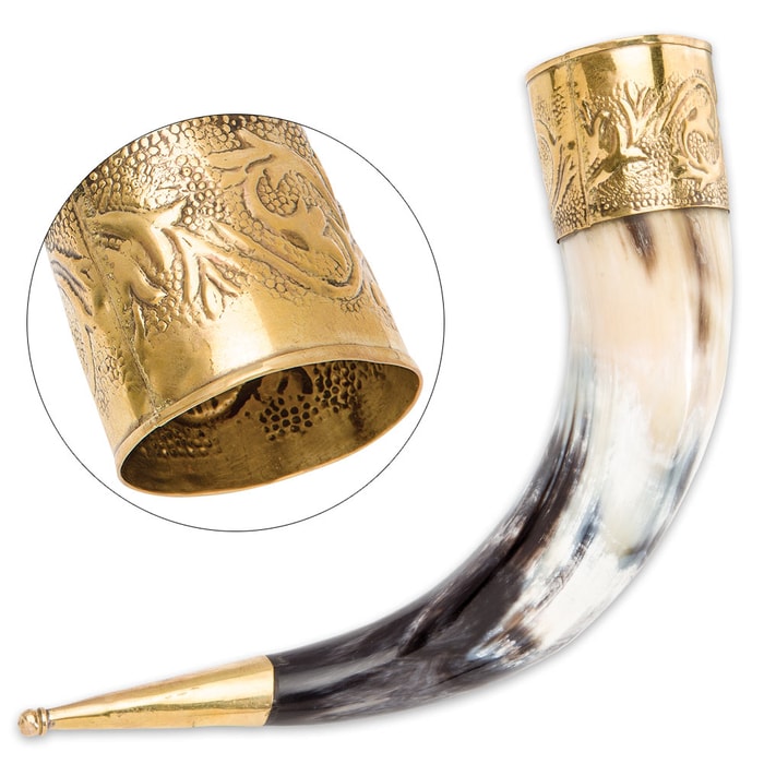 Viking Chieftain All-Natural Drinking Horn with Hammered Brass Trim