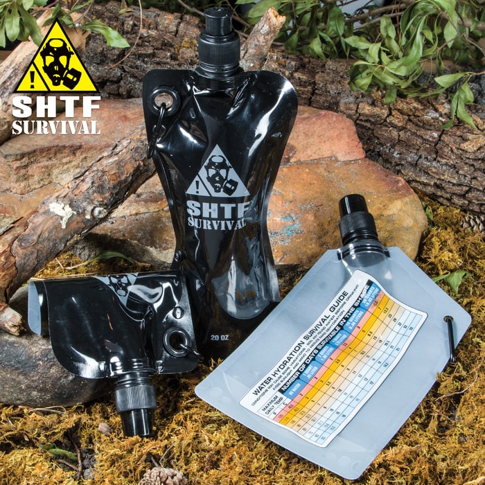 SHTF Survival Flask 3-Pack with Funnel, Carabiners - Two 20-oz Flasks, One 26-oz Flask