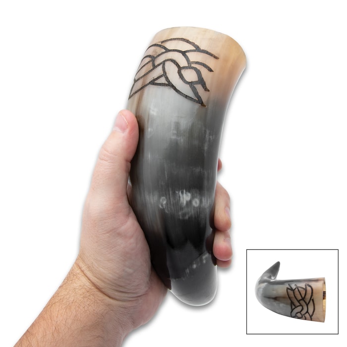A view of the etching on the Celtic Druid Drinking Horn