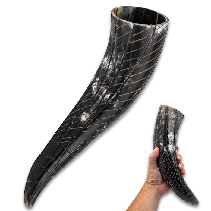 The Viking-style drinking horn is a genuine buffalo horn