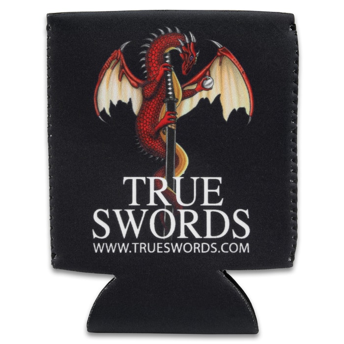 A black koozie is shown with “TRUE SWORDS” and www.trueswords.com shown in white letters beneath a red dragon and sword logo.
