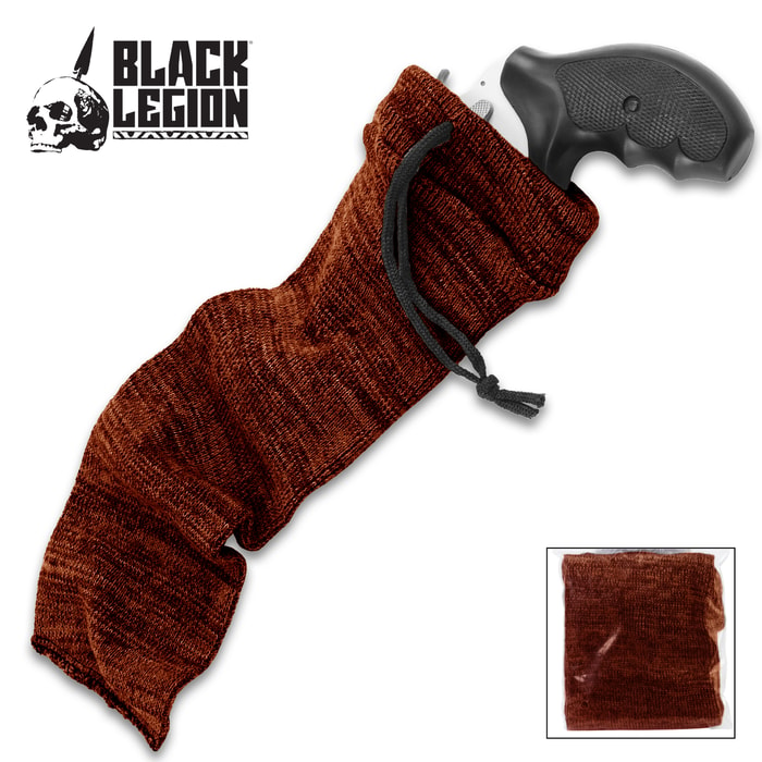 The Black Legion Orange Handgun Sock shown in use