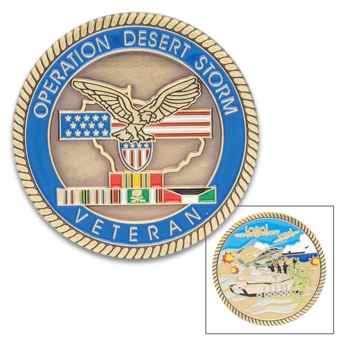 Both sides of the Desert Storm Veteran Coin shown